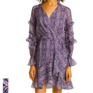 Haute Hippie Silk Faux Wrap PURPLE Floral Print Ruffled Dress